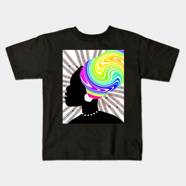 Woman Silhouette With a Rainbow Head Scarf Kids T-Shirt by jois designs